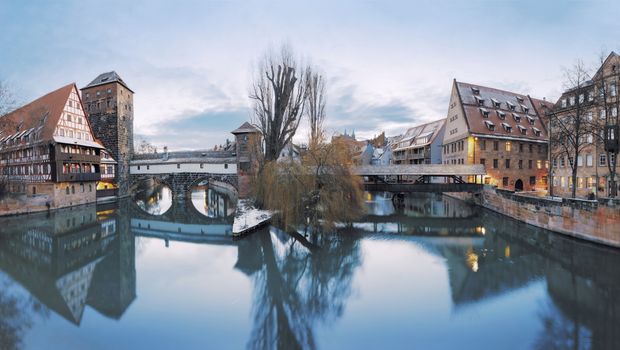 Winterpanorama vom Henkersteg in Nürnberg