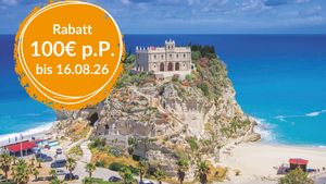 Kirche von Tropea auf Klippen, Kalabrien, Button