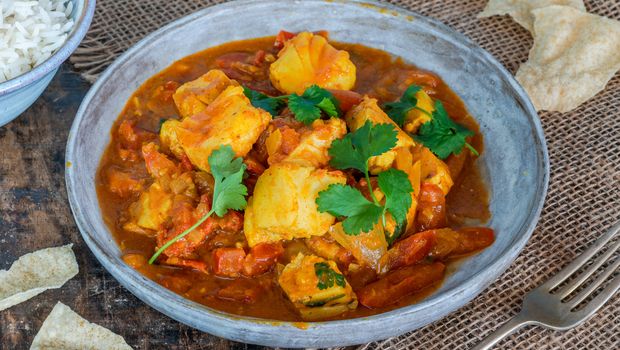 Fischpfanne Curry-Kokos mit Reis