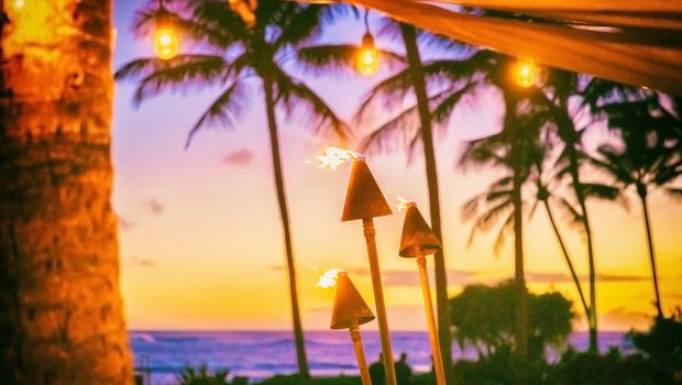 Hawaiianische Luau-Party mit Fackeln
